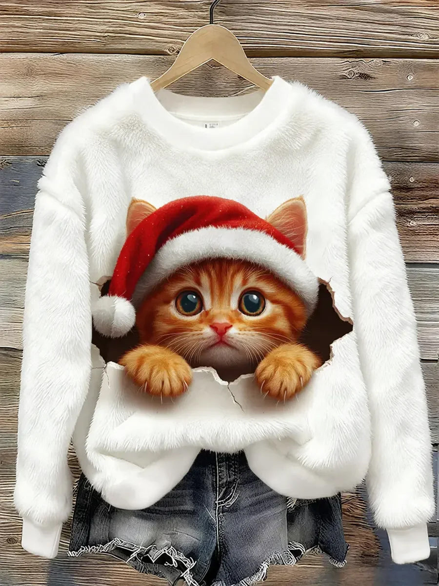 Women's Cute Christmas Cat Art  Print Casual Flannel Sweatshirt gracestitchs