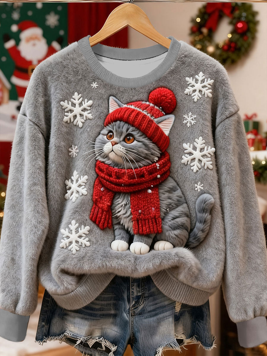 Women's Cute Christmas Cat Art  Print Casual Flannel Sweatshirt gracestitchs
