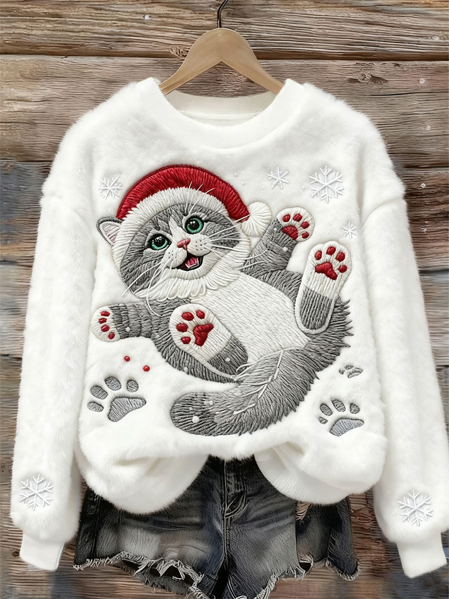 Women's Cute Christmas Cat Art Print Casual Flannel Sweatshirt gracestitchs