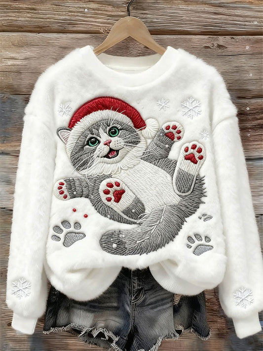 Women's Cute Christmas Cat Art Print Casual Flannel Sweatshirt gracestitchs