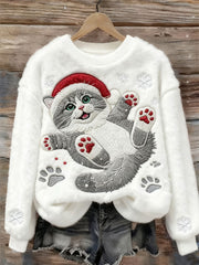 Women's Cute Christmas Cat Art Print Casual Flannel Sweatshirt gracestitchs