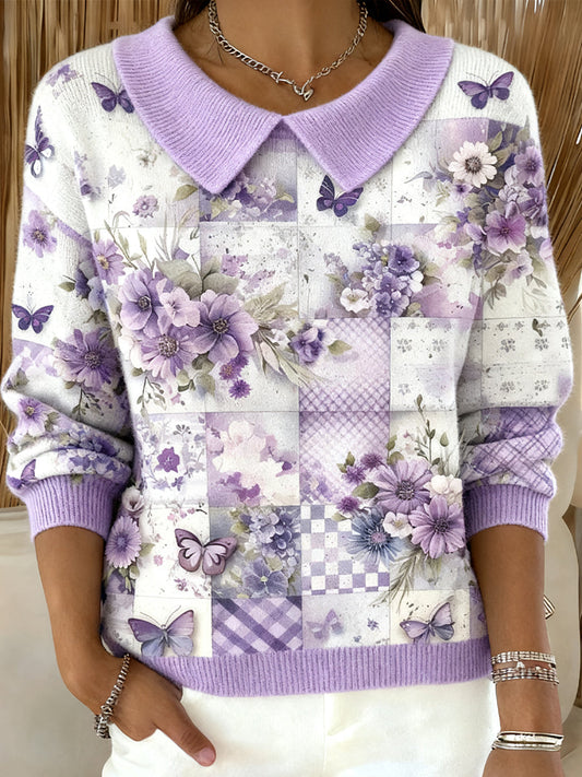 Women's Alzheimer's Awareness Purple Floral Patchwork Casual Top gracestitchs