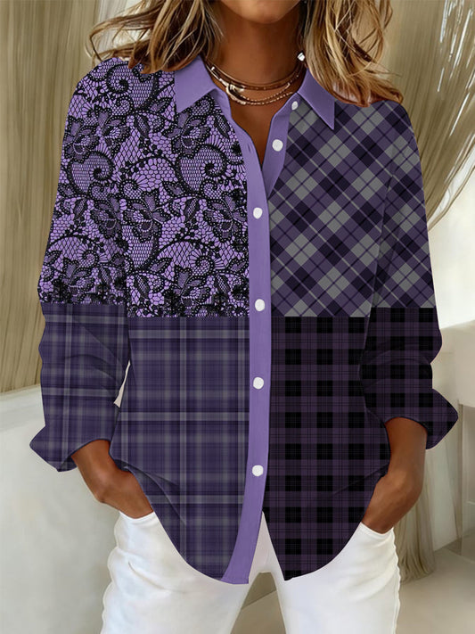 Women's Alzheimer's Awareness Purple Floral  Patchwork Shirts gracestitchs