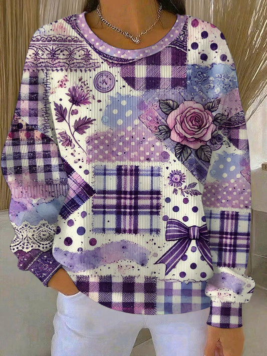 Women's Alzheimer's Awareness Purple Floral  Patchwork Ribbed Round-Neck Sweatshirt gracestitchs