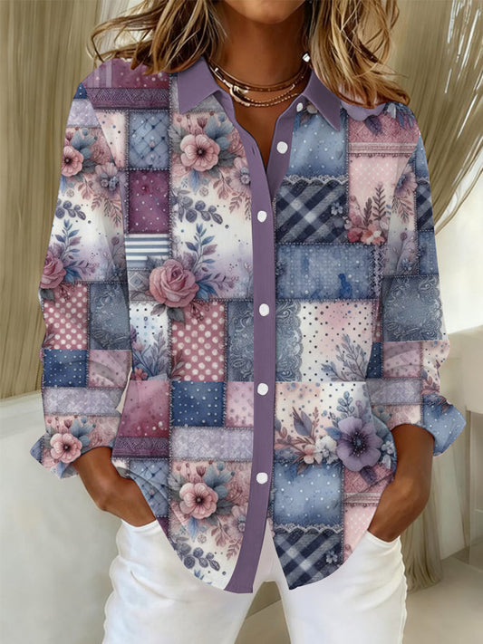 Women's Alzheimer's Awareness Purple Floral Patchwork Shirts gracestitchs