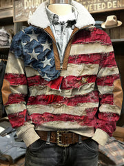 Men's Western Retro Flag Art Print Casual Casual Fur Collar Zip-up Hoodie gracestitchs