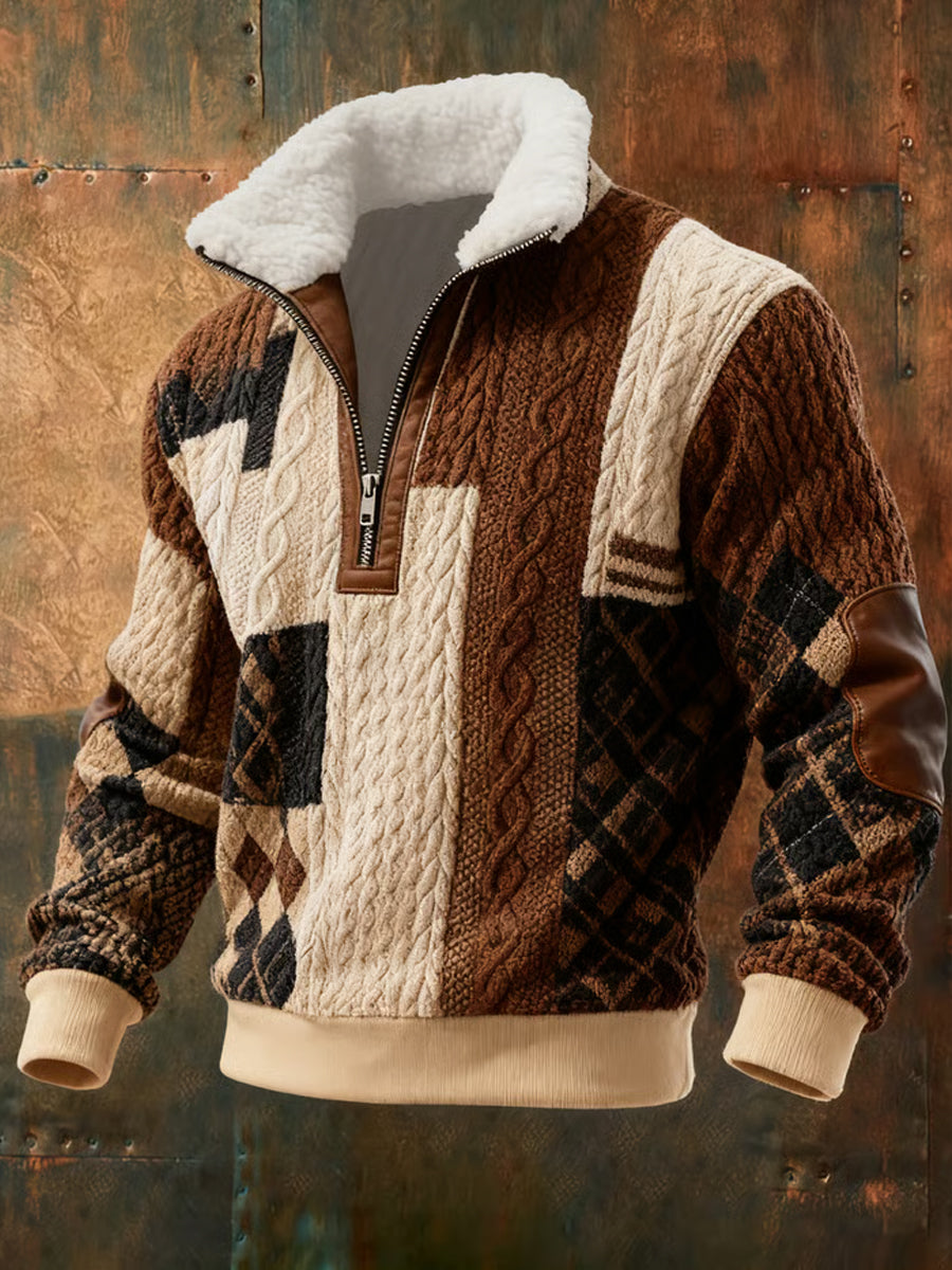 Men's Retro Color Block Print Casual Fur Collar Zip-up Hoodie gracestitchs
