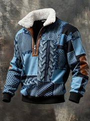 Men's Retro Color Block Print Casual Fur Collar Zip-up Hoodie gracestitchs