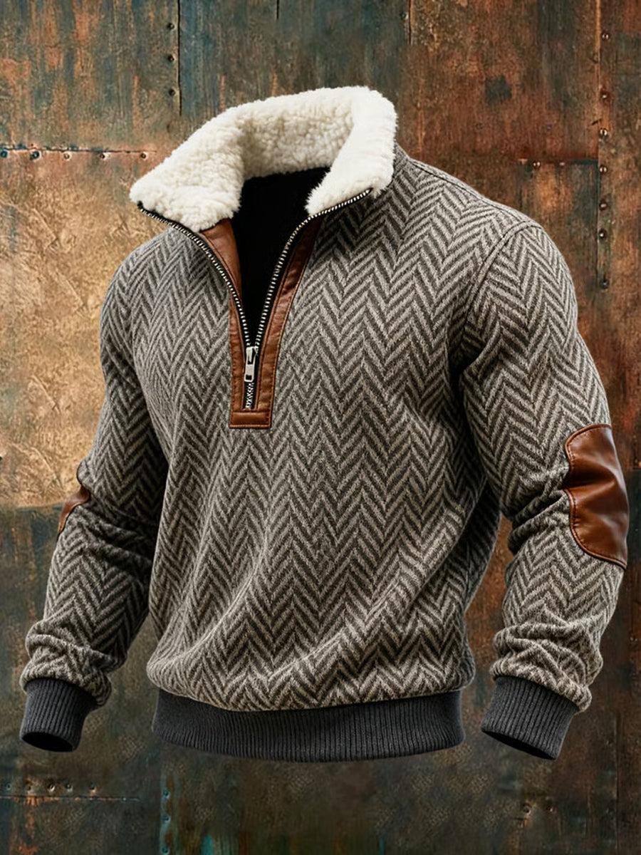 Men's Western Retro Print Casual Fur Collar Zip-up Hoodie gracestitchs