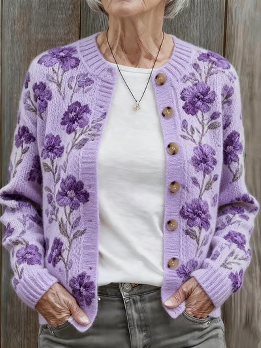Women's Autumn and Winter Purple Floral Comfortable Warm Sweater Cardigan gracestitchs