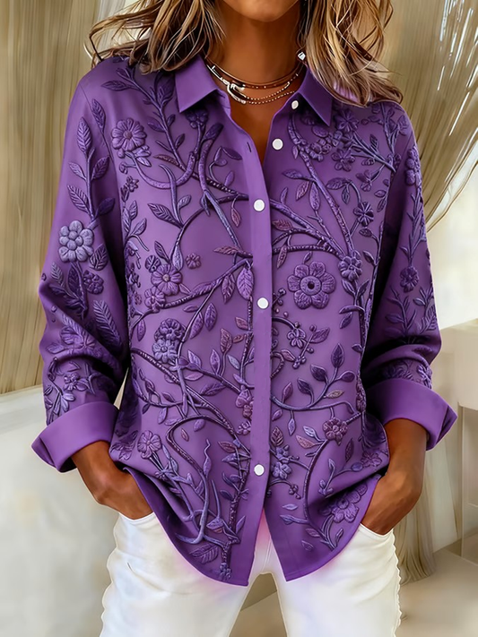 Women's Casual Purple Floral Art Loose Shirt gracestitchs