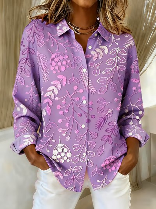 Women's Casual Purple flowers Print shirts gracestitchs