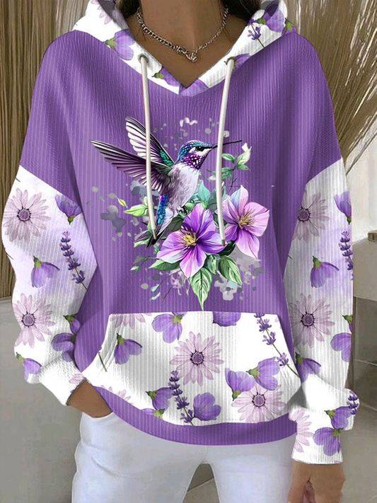 Women's Casual Purple Hummingbird Textured Hoodie gracestitchs