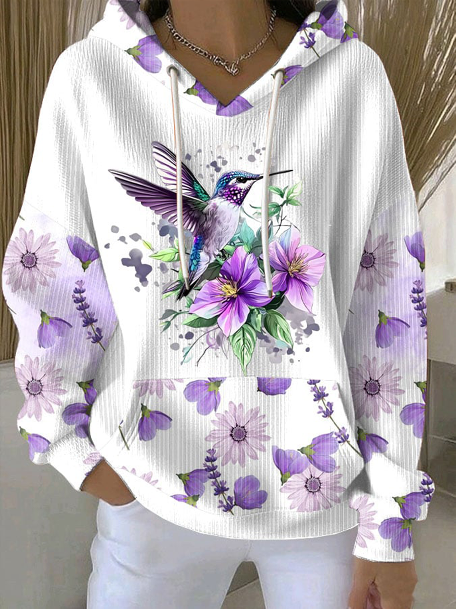 Women's Casual Purple Hummingbird Textured Hoodie gracestitchs