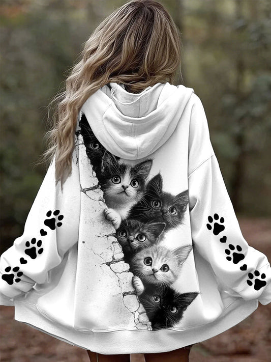 Women's Cats Print Hooded Jackets gracestitchs