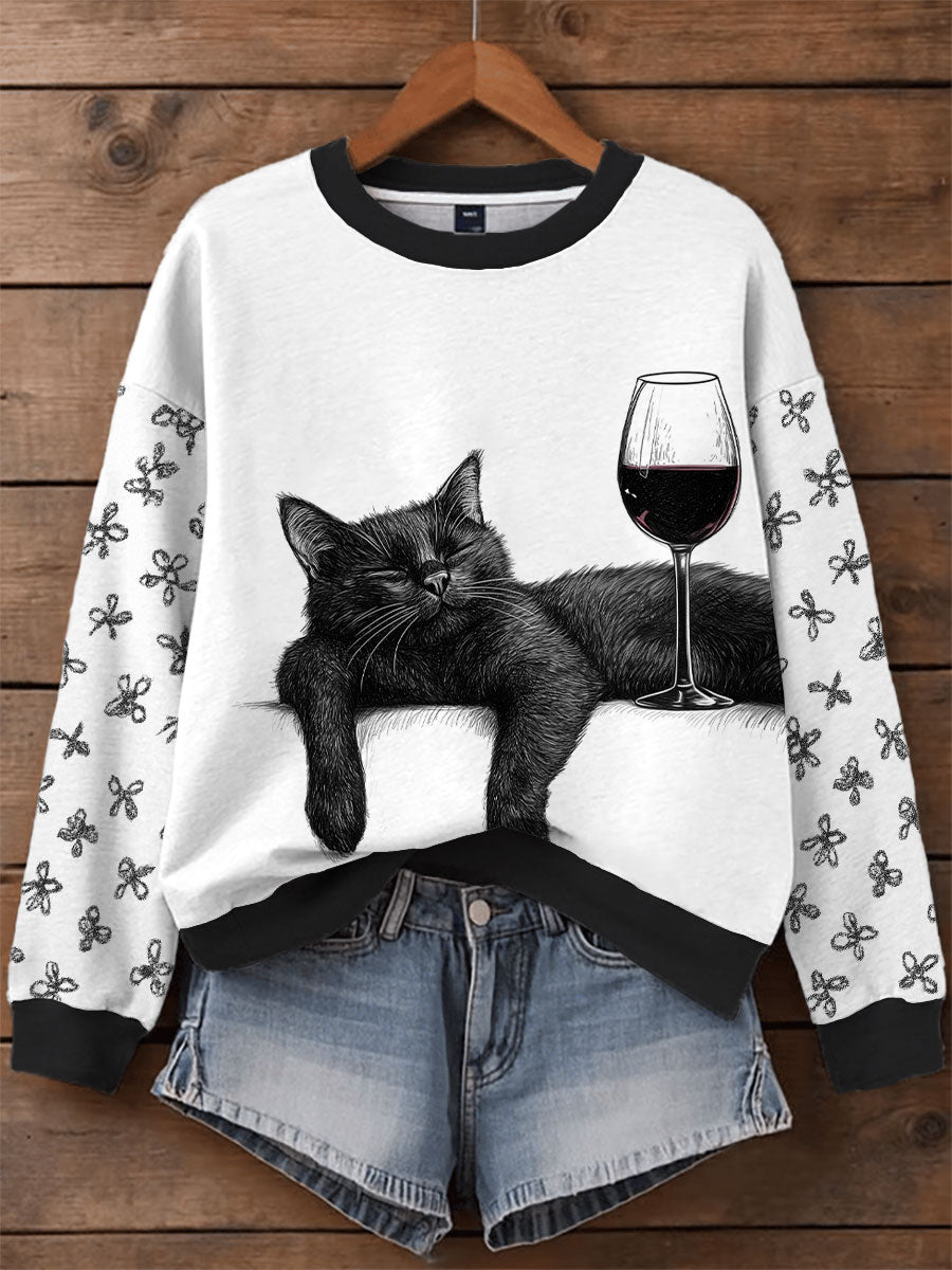 Women's red wine-drinking cat sweatshirts gracestitchs