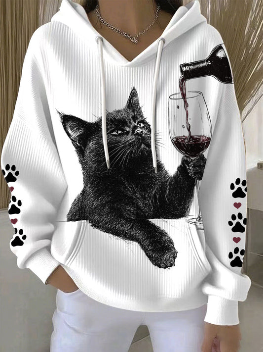 Women's black cat red wine print hoodies gracestitchs