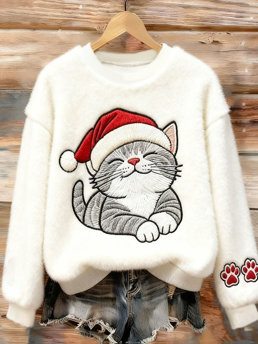 Women's Christmas Cute Cat  Art Flannel Sweatshirt gracestitchs