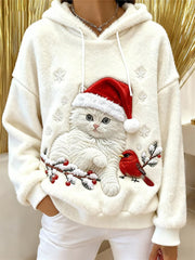 Women's Cute Christmas Cat Art Print Casual Flannel Hoodie gracestitchs