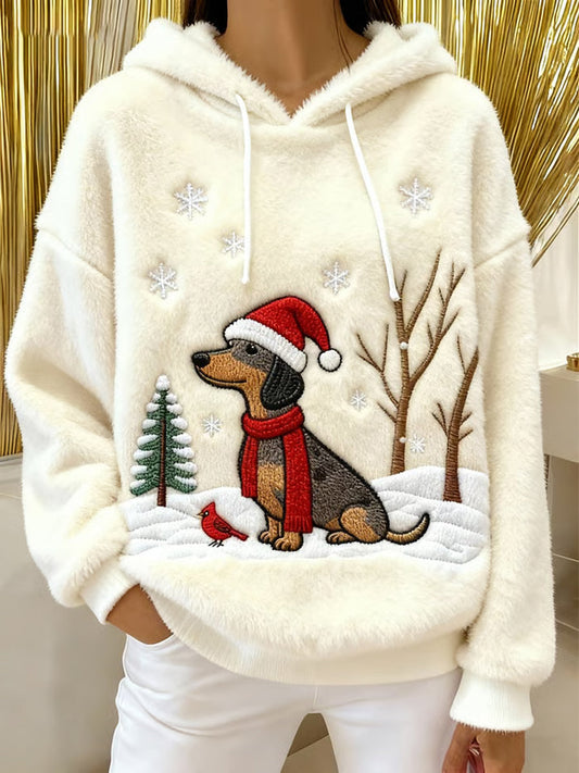 Women's Cute Christmas Dog Art Print Casual Flannel Hoodie gracestitchs