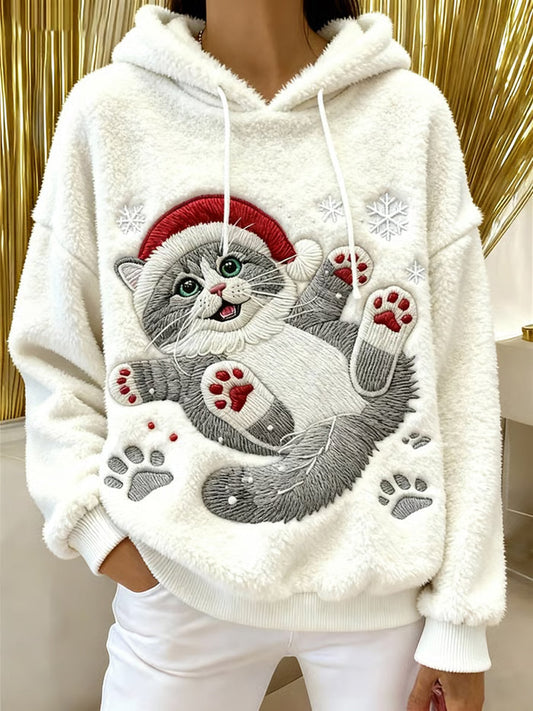Women's Cute Christmas Cat Art Print Casual Flannel Hoodie gracestitchs