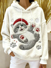 Women's Cute Christmas Cat Art Print Casual Flannel Hoodie gracestitchs
