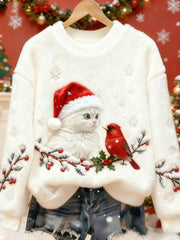 Women's Cute Christmas Cat Art Print Casual Flannel Sweater gracestitchs
