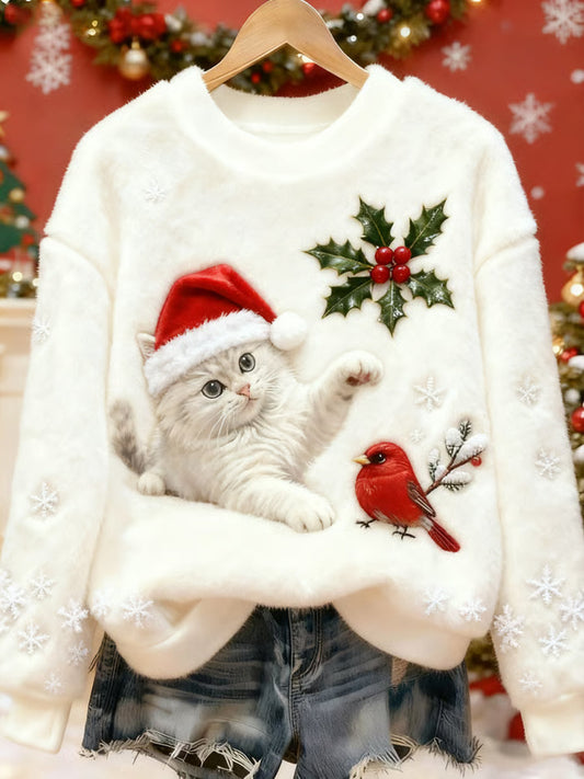 Women's Cute Christmas Cat Art Print Casual Flannel Sweater gracestitchs