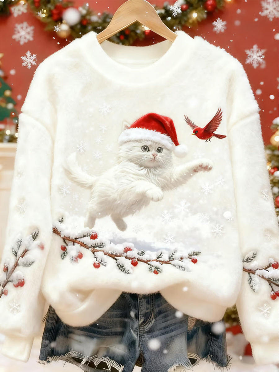Women's Cute Christmas Cat Art Print Casual Flannel Sweater gracestitchs