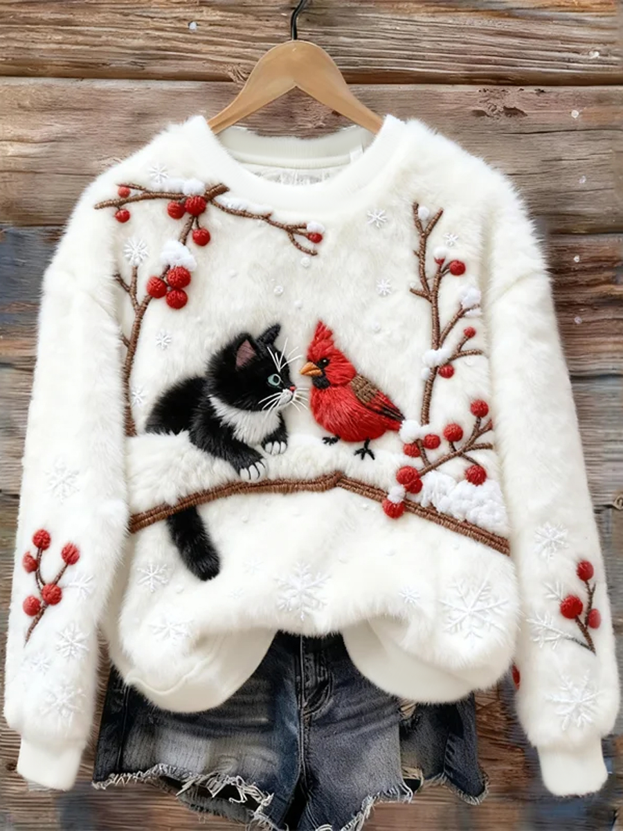 Women's Christmas Cute Cat  Art Flannel Sweatshirt gracestitchs