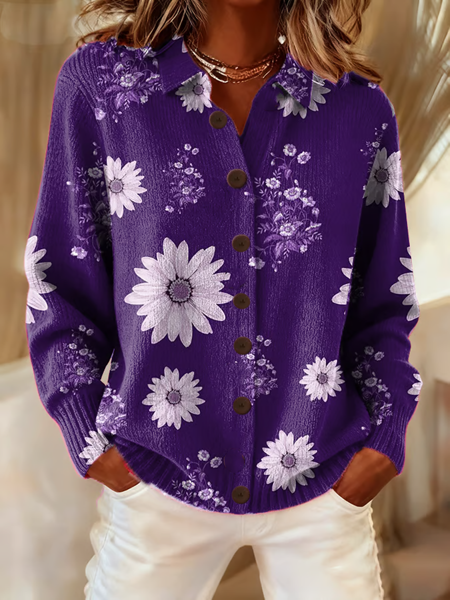 Women's Casual Retro Purple Floral Cardigan gracestitchs