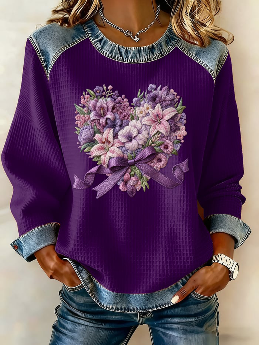 Women's Casual Retro Purple Floral Waffle Top gracestitchs