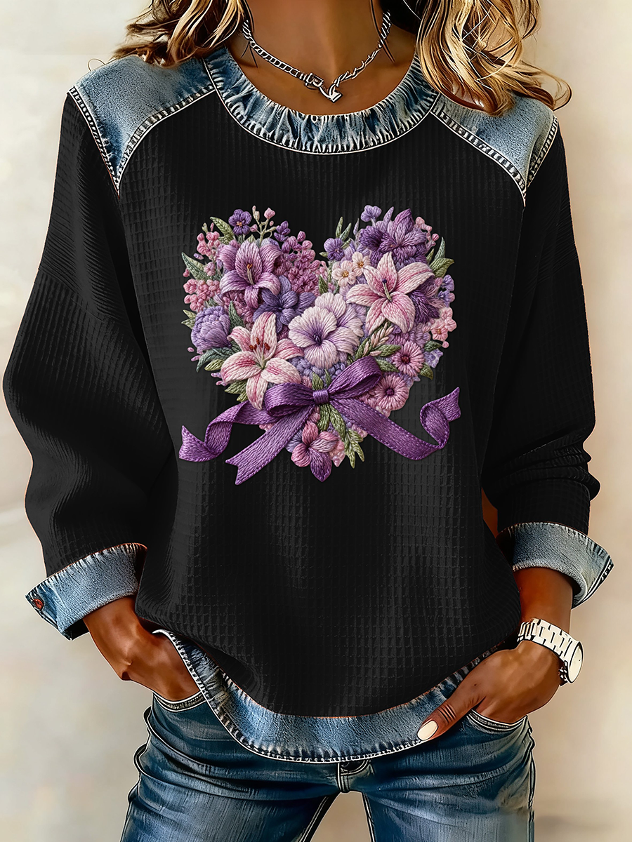 Women's Casual Retro Purple Floral Waffle Top gracestitchs