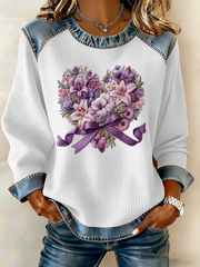 Women's Casual Retro Purple Floral Waffle Top gracestitchs