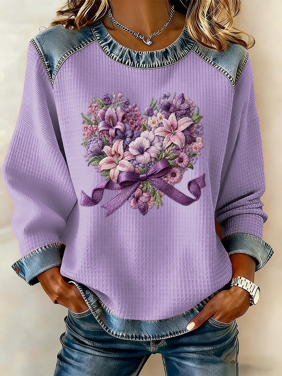 Women's Casual Retro Purple Floral Waffle Top gracestitchs