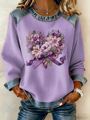 Women's Casual Retro Purple Floral Waffle Top gracestitchs