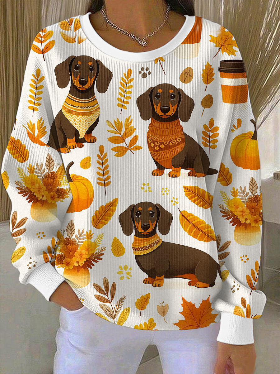 Women's Pumpkin Sausage Dog Ribbed Round-Neck Sweatshirt gracestitchs