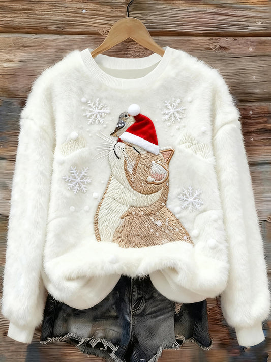 Women's Cute Christmas Cat Art Print Casual Flannel Sweater gracestitchs
