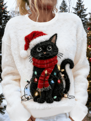 Women's Cute Christmas Cat Art Print Casual Flannel Sweater gracestitchs