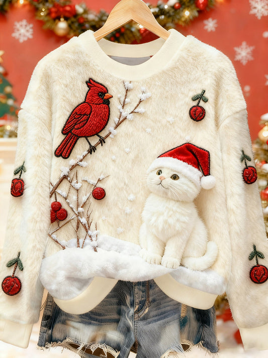 Women's Cute Christmas Cat Art Print Casual Flannel Sweater gracestitchs