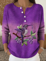 Women‘s Purple Gradient Hummingbird Floral Print long-sleeve cardigan gracestitchs