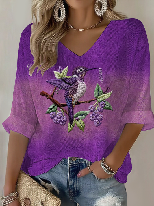 Women's Purple Gradient Hummingbird Floral Print Waffle T-shirt gracestitchs