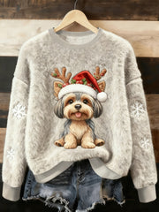 Women's Cute Christmas Dog Art Print Casual Flannel Sweater gracestitchs