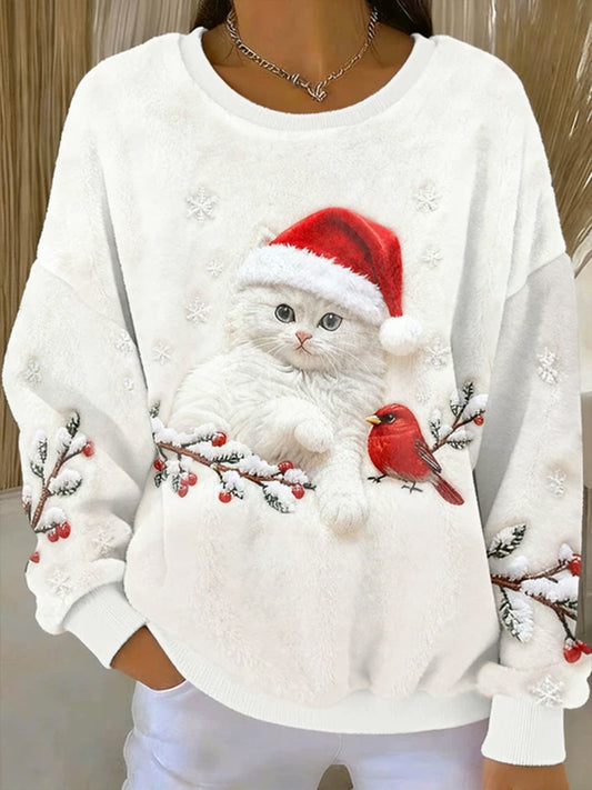 Women's Cute Christmas Cat Art Print Casual Flannel Hoodie gracestitchs