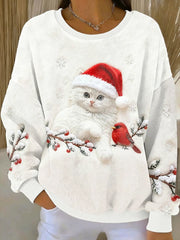 Women's Cute Christmas Cat Art Print Casual Flannel Hoodie gracestitchs