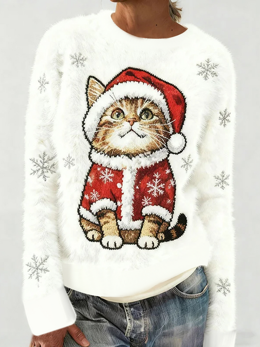 Women's Cute Christmas Cat Art Print Casual Flannel Sweater gracestitchs
