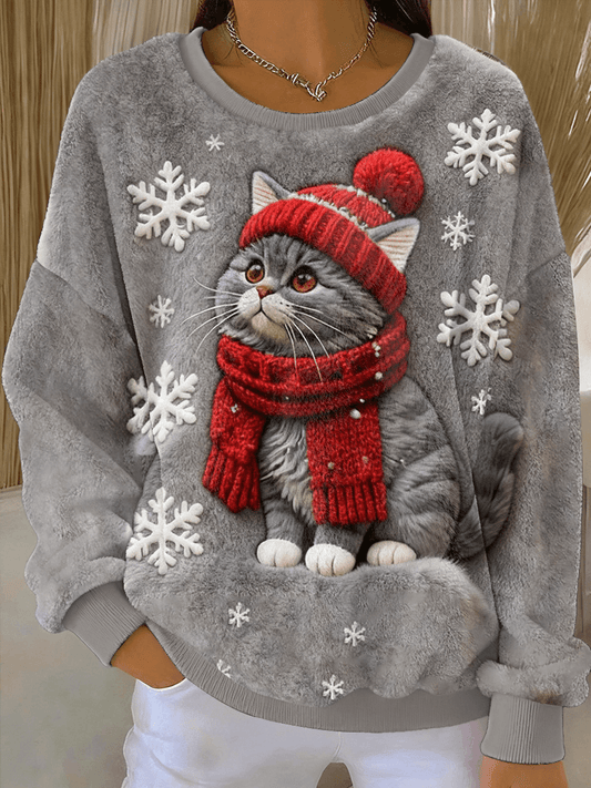 Women's Cute Christmas Cat Art Print Casual Flannel Hoodie gracestitchs