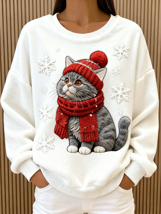 Women's Cute Christmas Cat Art Print Casual Flannel Hoodie gracestitchs