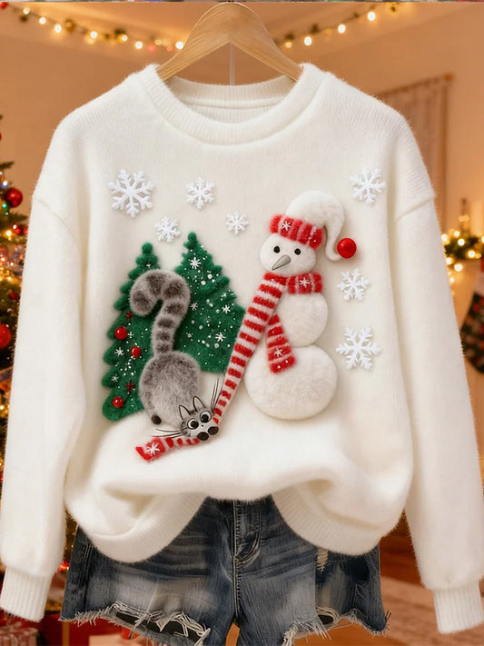 Women's Cute Christmas Cat Snowman Art Print Casual Flannel gracestitchs