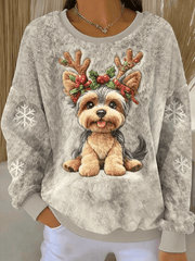 Women's Cute Christmas Dog Art Print Casual Flannel Sweater gracestitchs